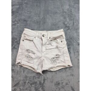 American Eagle White Distressed Denim Shorts Next Level Stretch Sz 00 Lace Inset